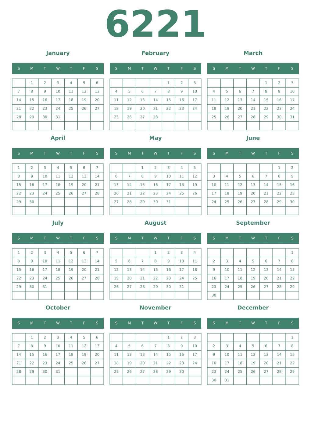 Printable 6221 Year Calendars viridian