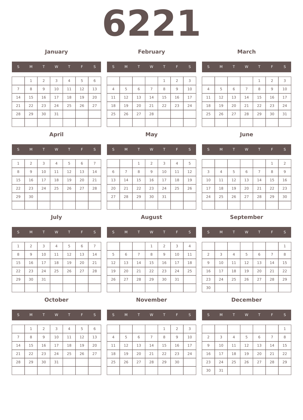 Printable 6221 Year Calendars wenge