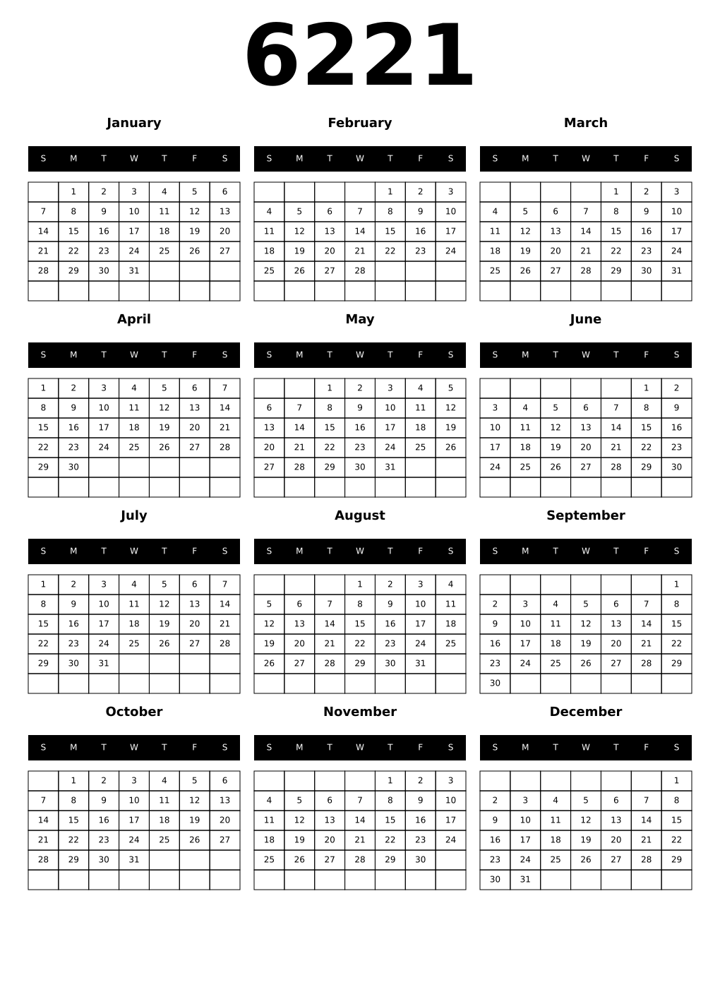 Printable 6221 Calendars