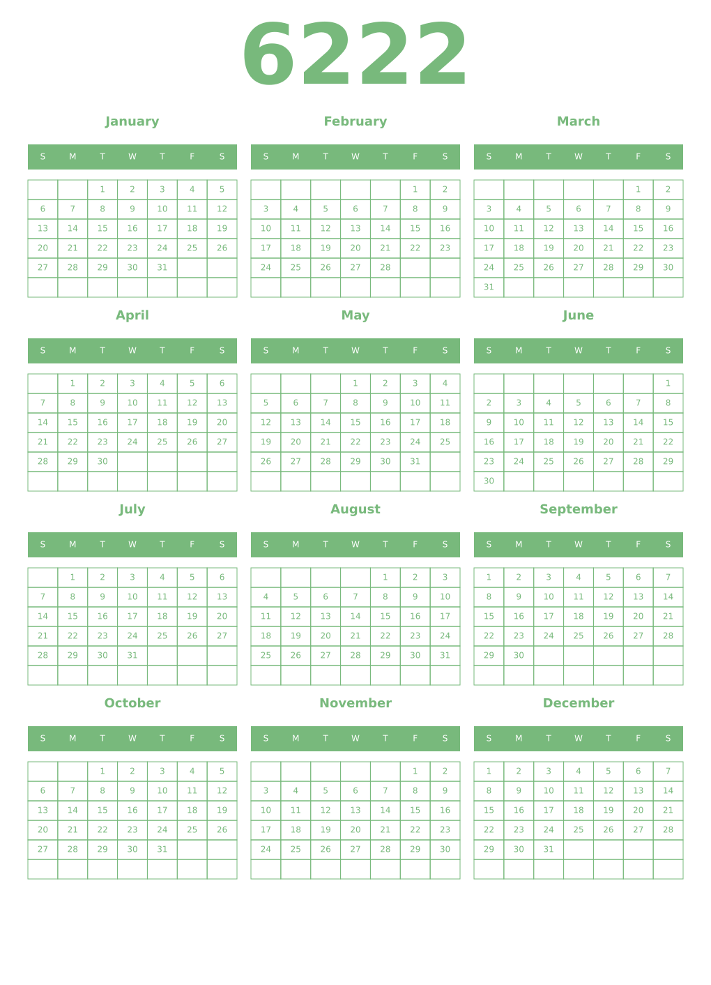 Printable 6222 Year Calendars celadon