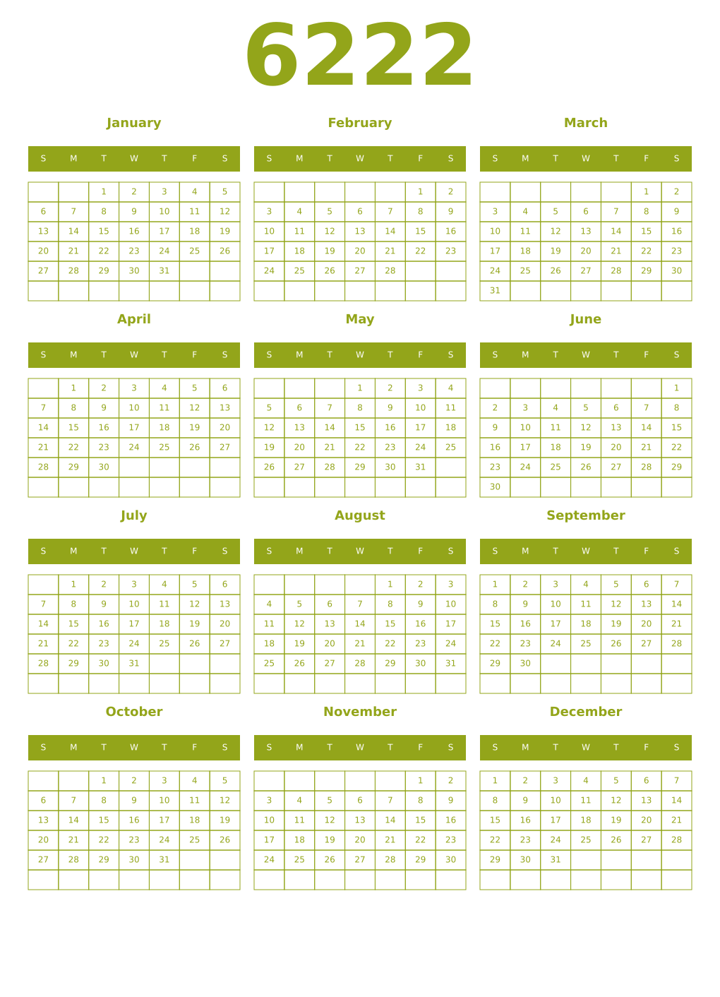 Printable 6222 Year Calendars chartreuse