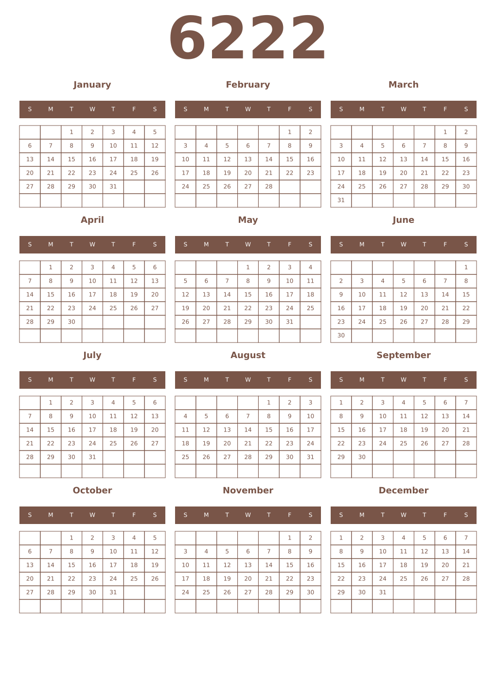 Printable 6222 Year Calendars coffe