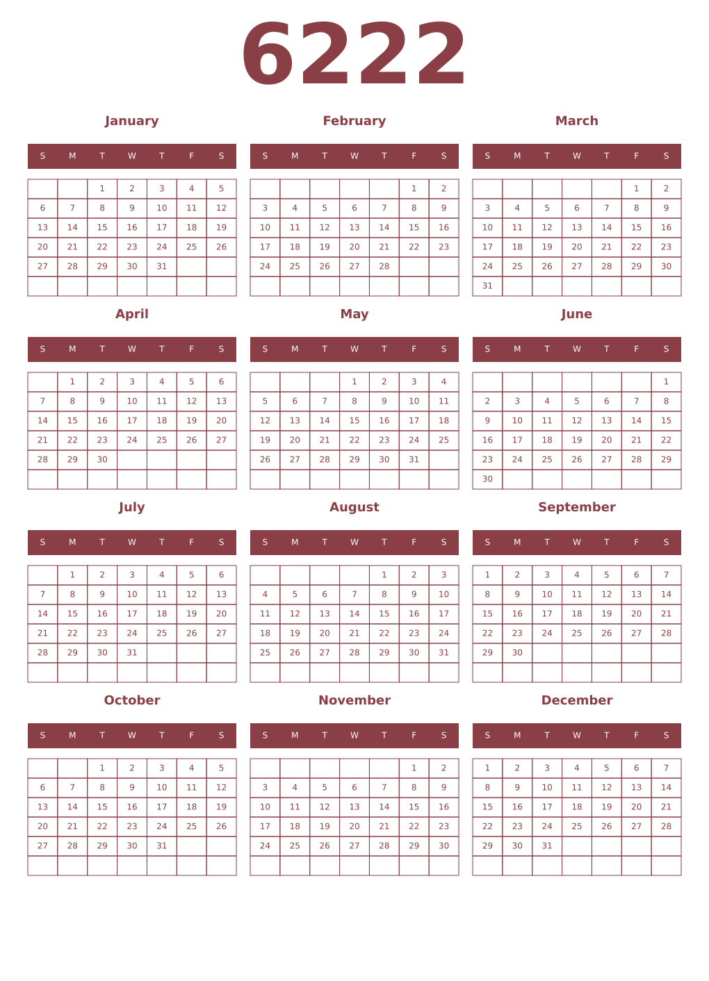 Printable 6222 Year Calendars cordovan