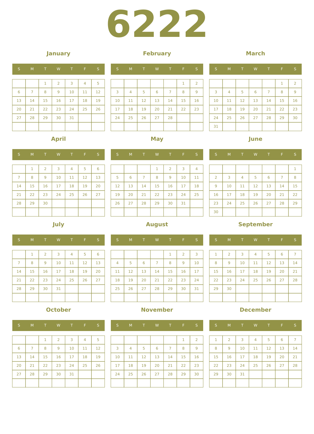 Printable 6222 Year Calendars eburnean