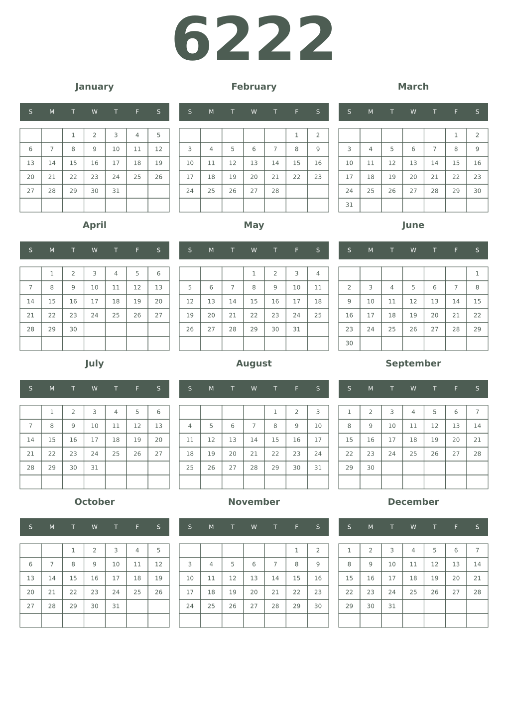 Printable 6222 Year Calendars feldgrau