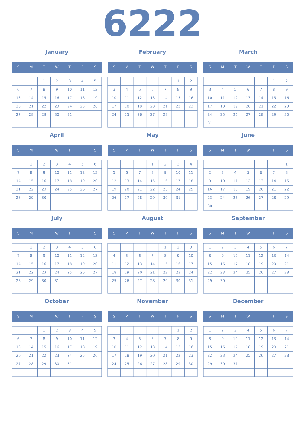 Printable 6222 Year Calendars glaucous