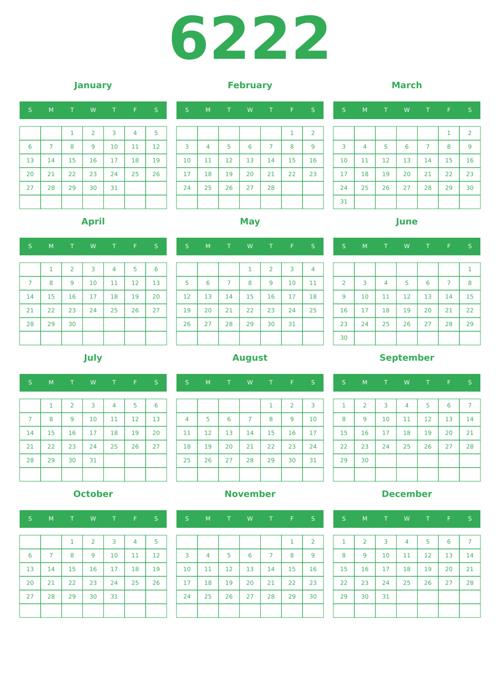 Printable 6222 Year Calendars green