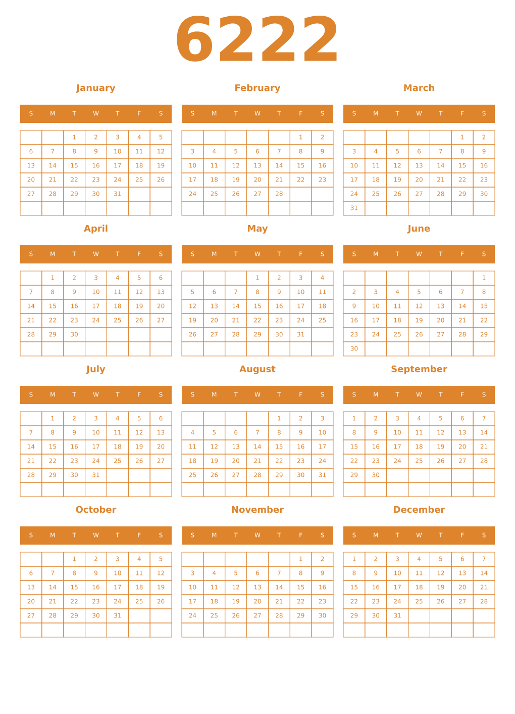 Printable 6222 Year Calendars orange