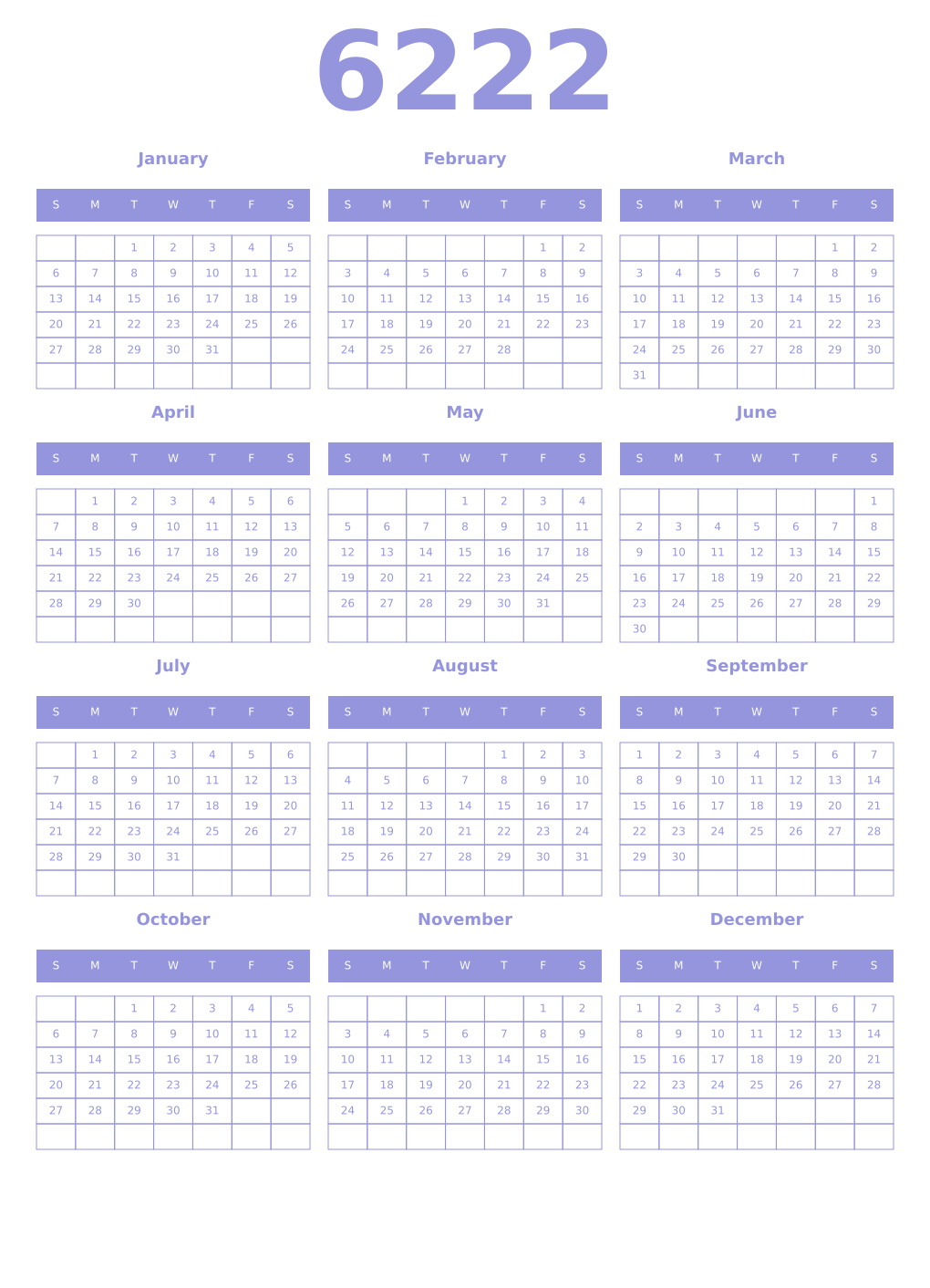 Printable 6222 Year Calendars periwinkle
