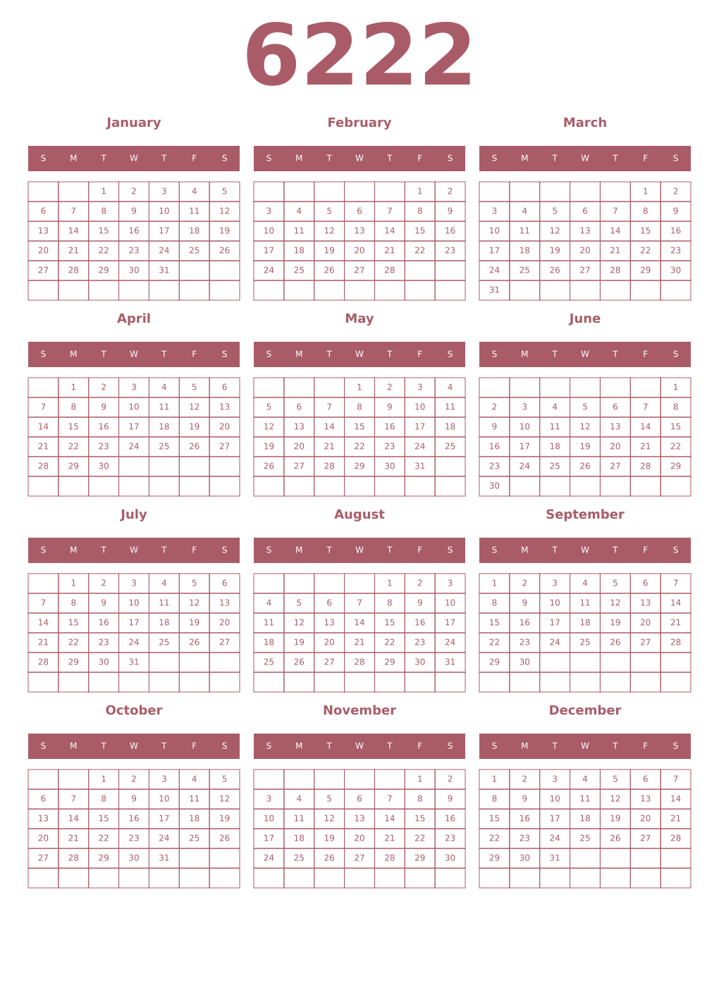 Printable 6222 Year Calendars puce