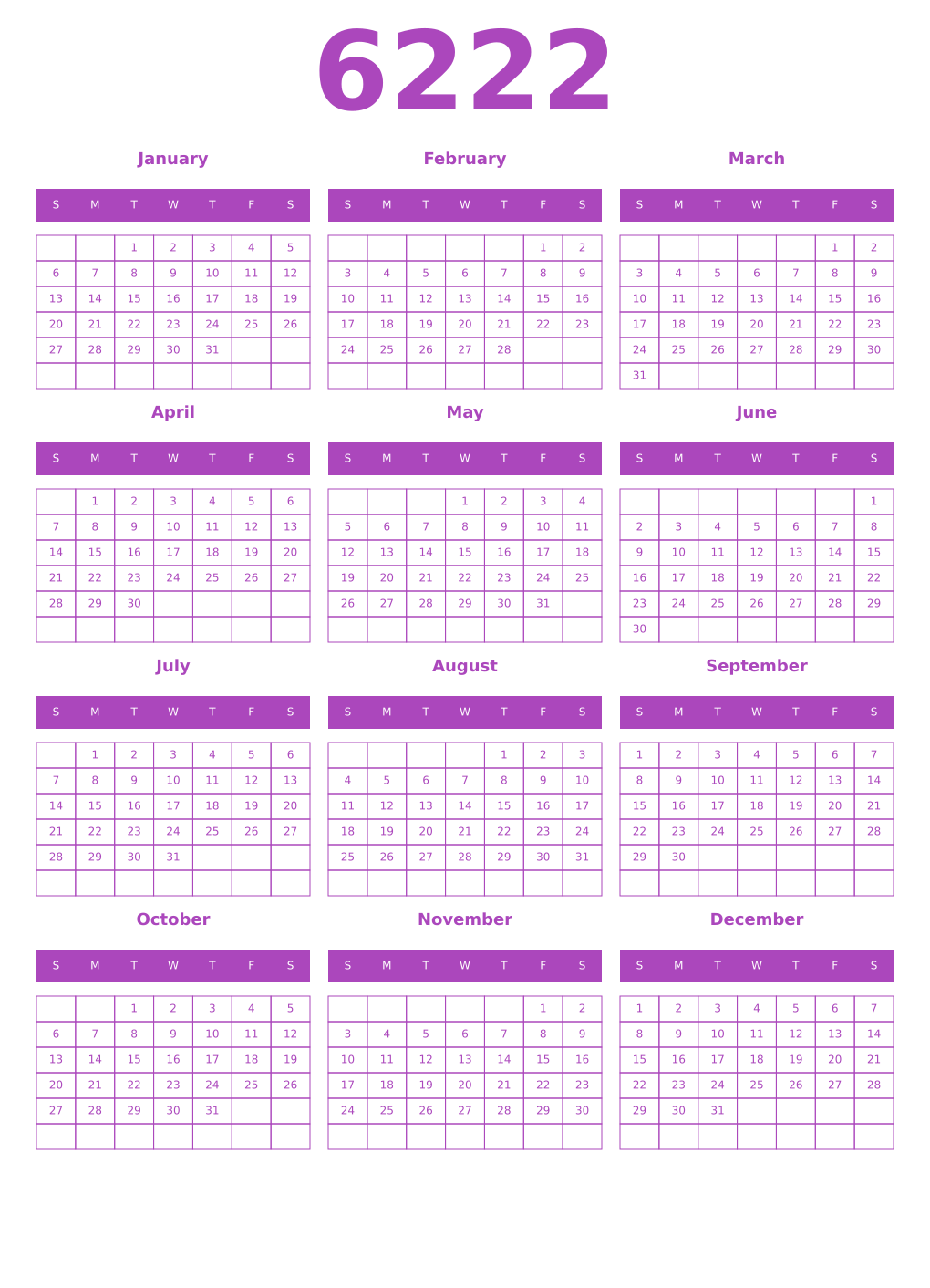 Printable 6222 Year Calendars purple