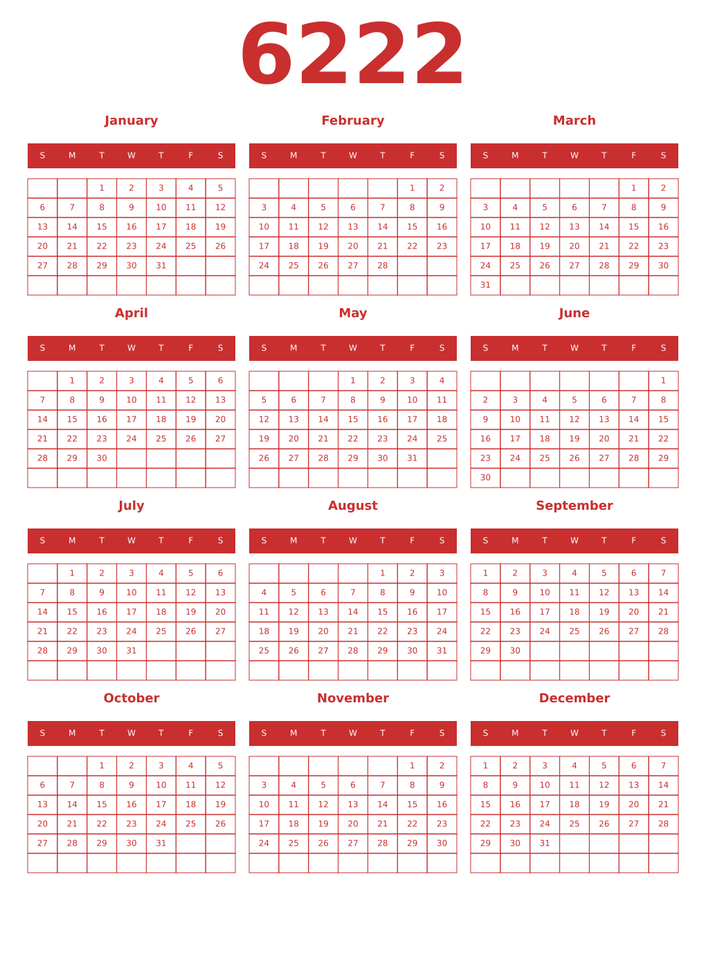 Printable 6222 Year Calendars red