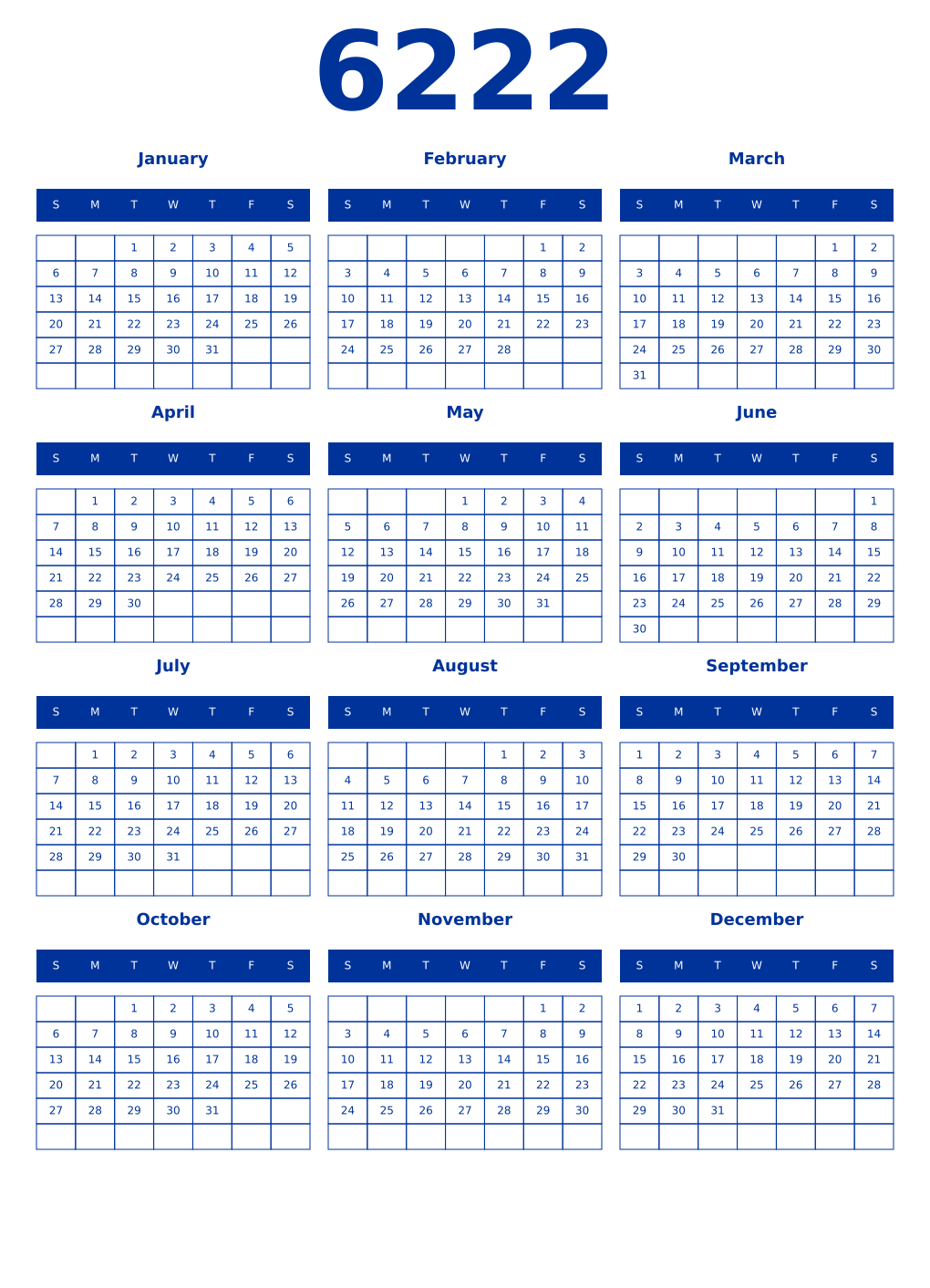 Printable 6222 Year Calendars smalt