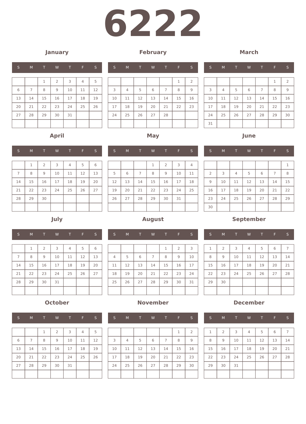 Printable 6222 Year Calendars wenge