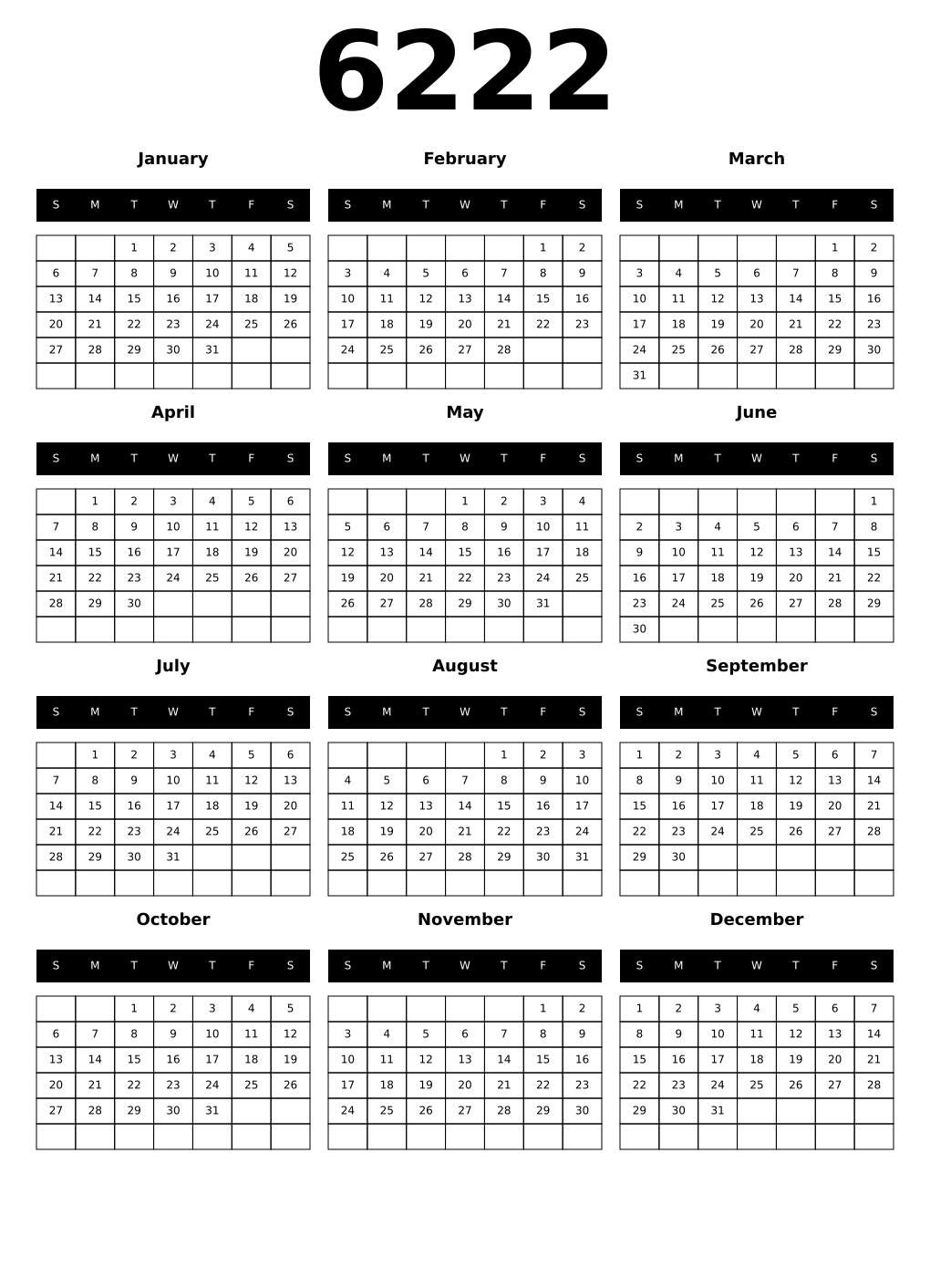 Printable 6222 Calendars