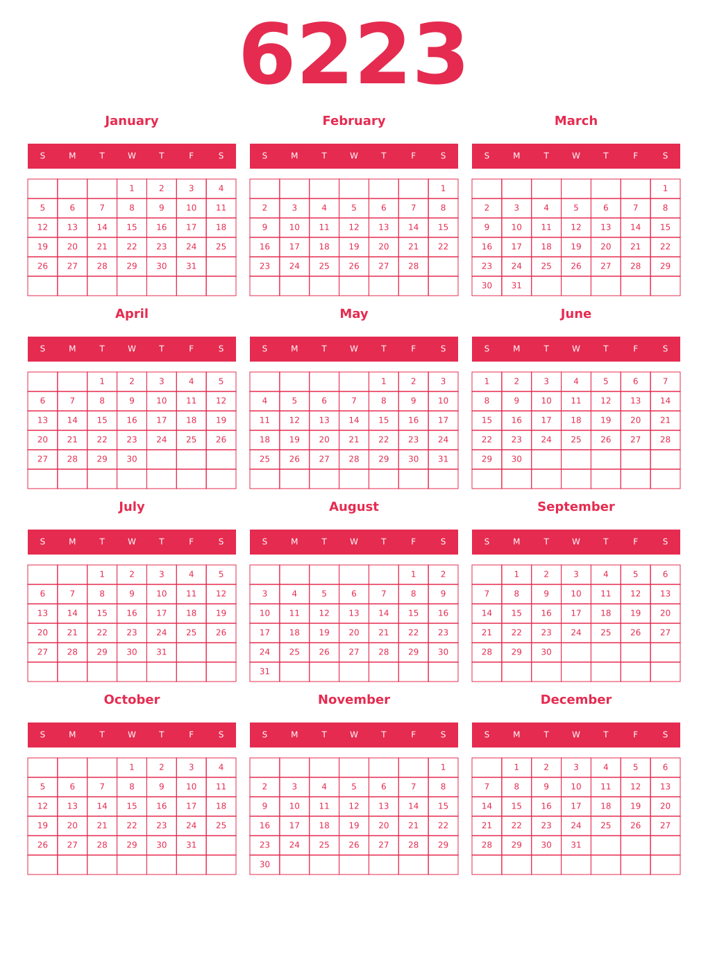 Printable 6223 Year Calendars amaranth