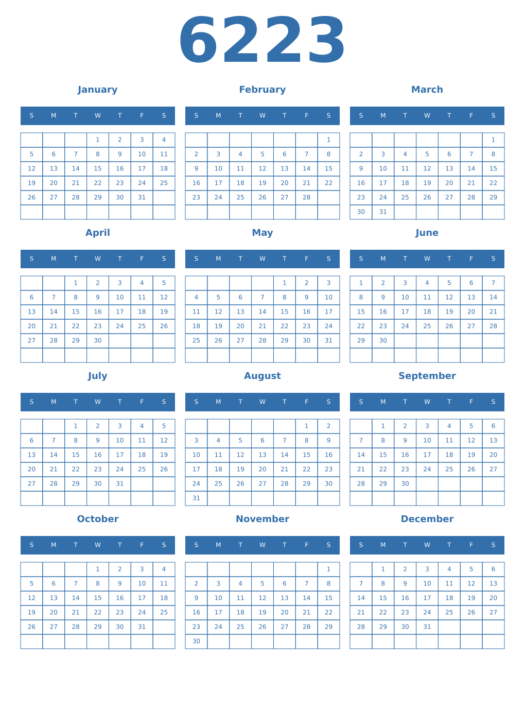 Printable 6223 Year Calendars blue