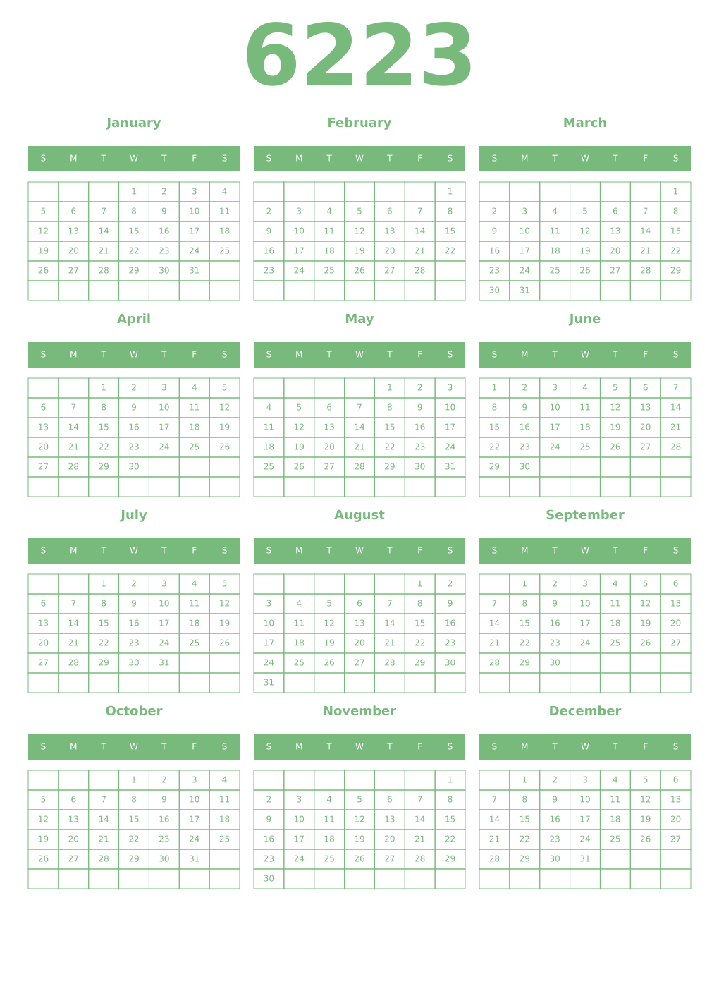Printable 6223 Year Calendars celadon