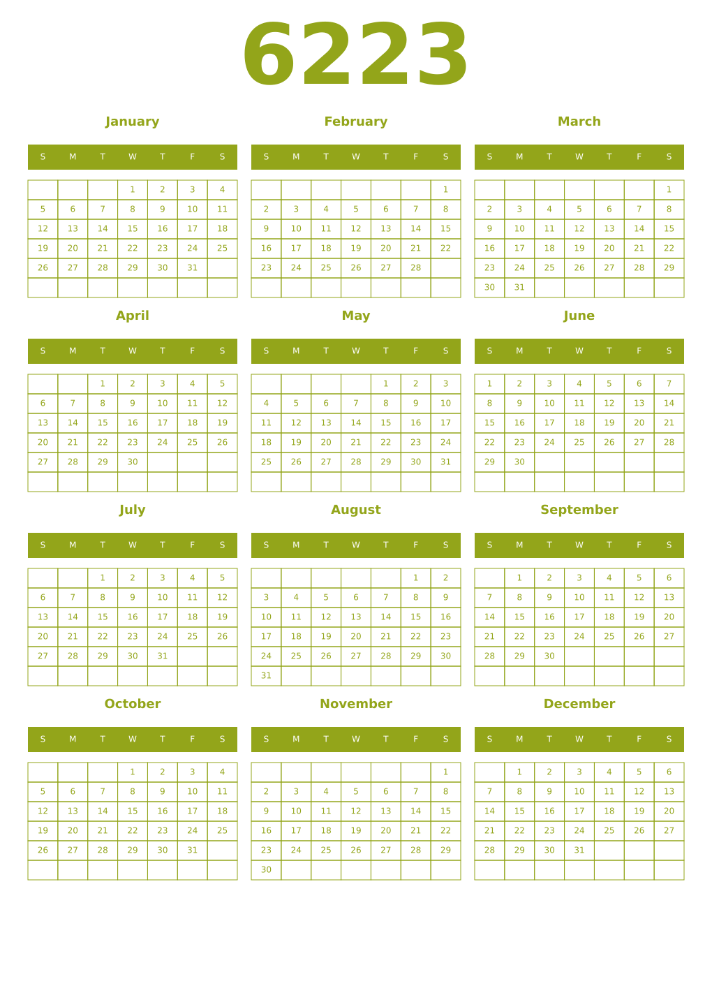 Printable 6223 Year Calendars chartreuse