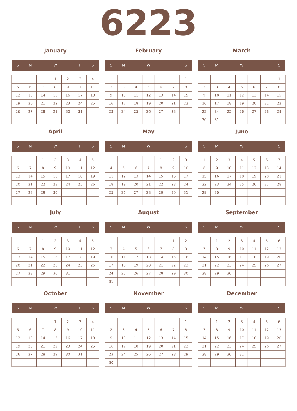 Printable 6223 Year Calendars coffe