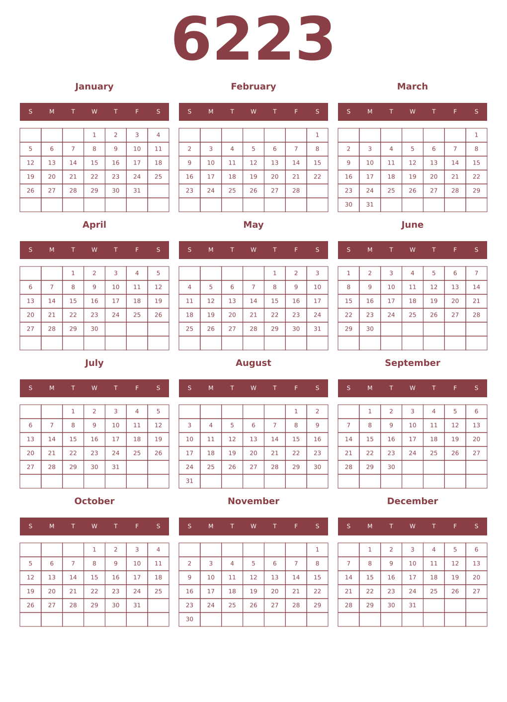 Printable 6223 Year Calendars cordovan