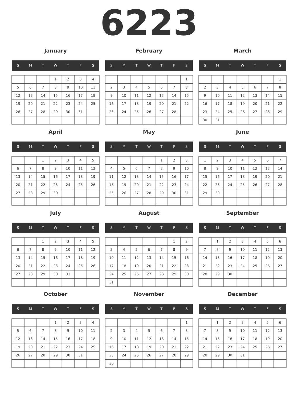 Printable 6223 Year Calendars dark