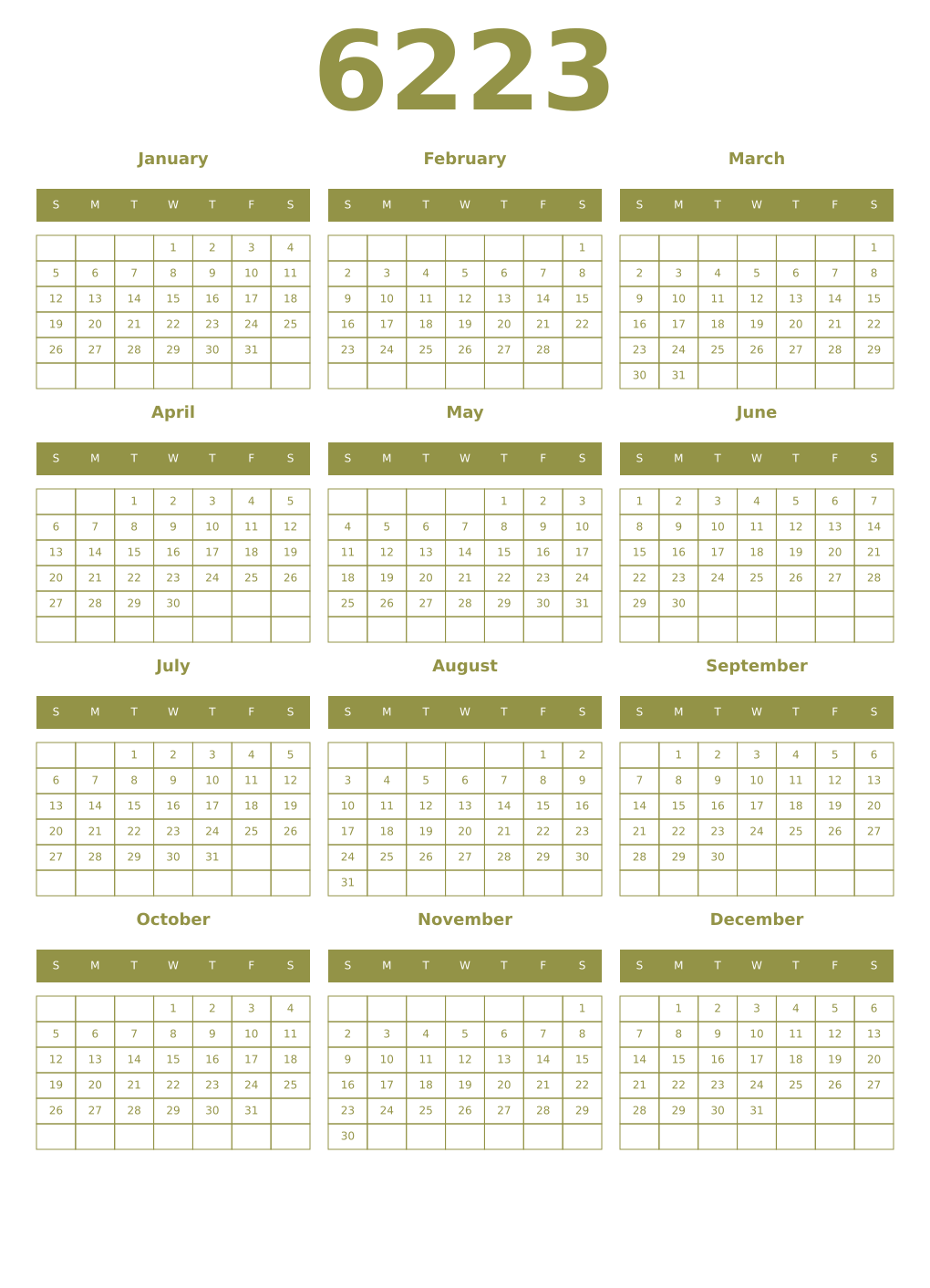 Printable 6223 Year Calendars eburnean