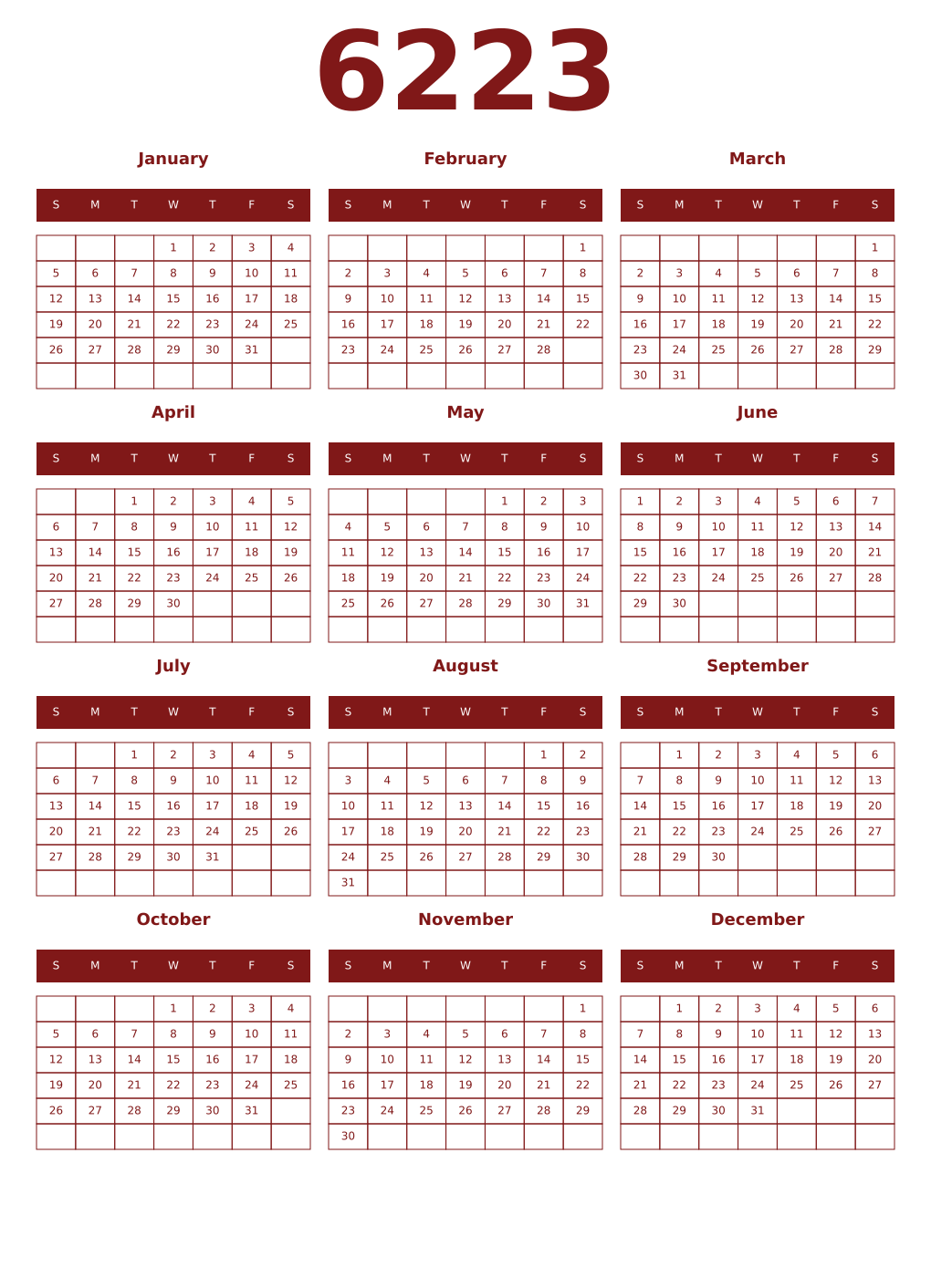 Printable 6223 Year Calendars falu