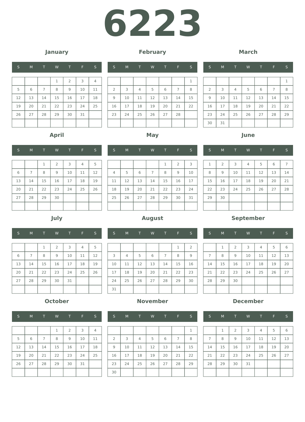 Printable 6223 Year Calendars feldgrau