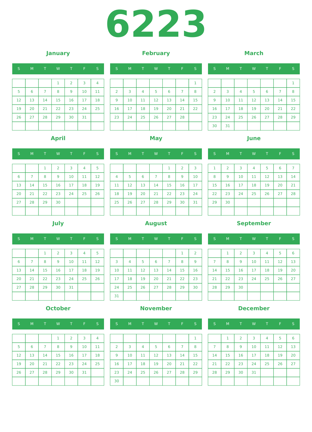 Printable 6223 Year Calendars green