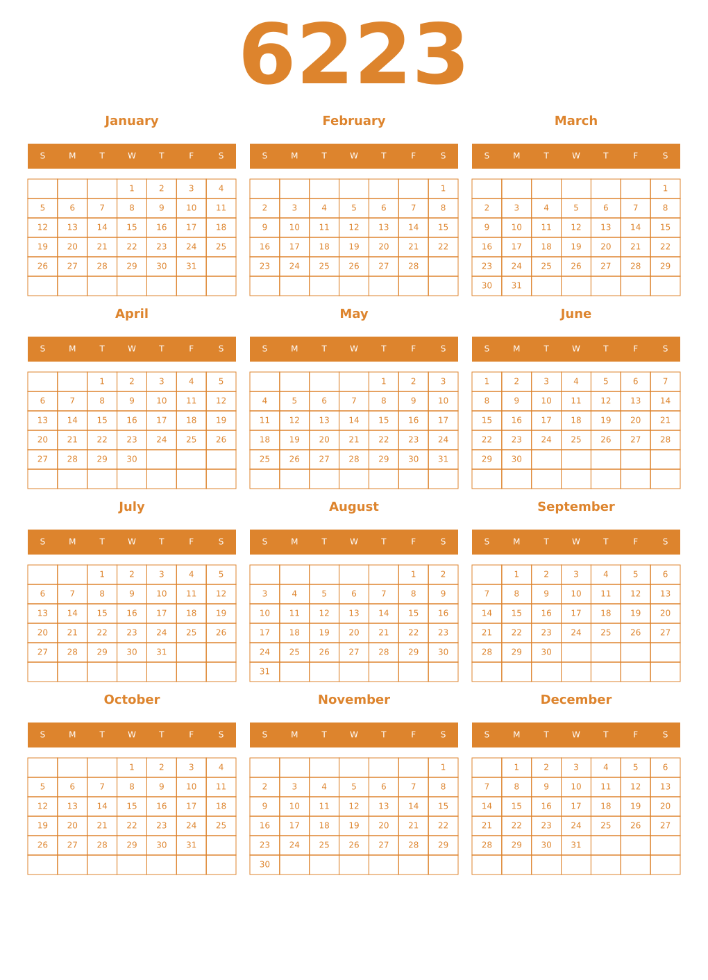 Printable 6223 Year Calendars orange