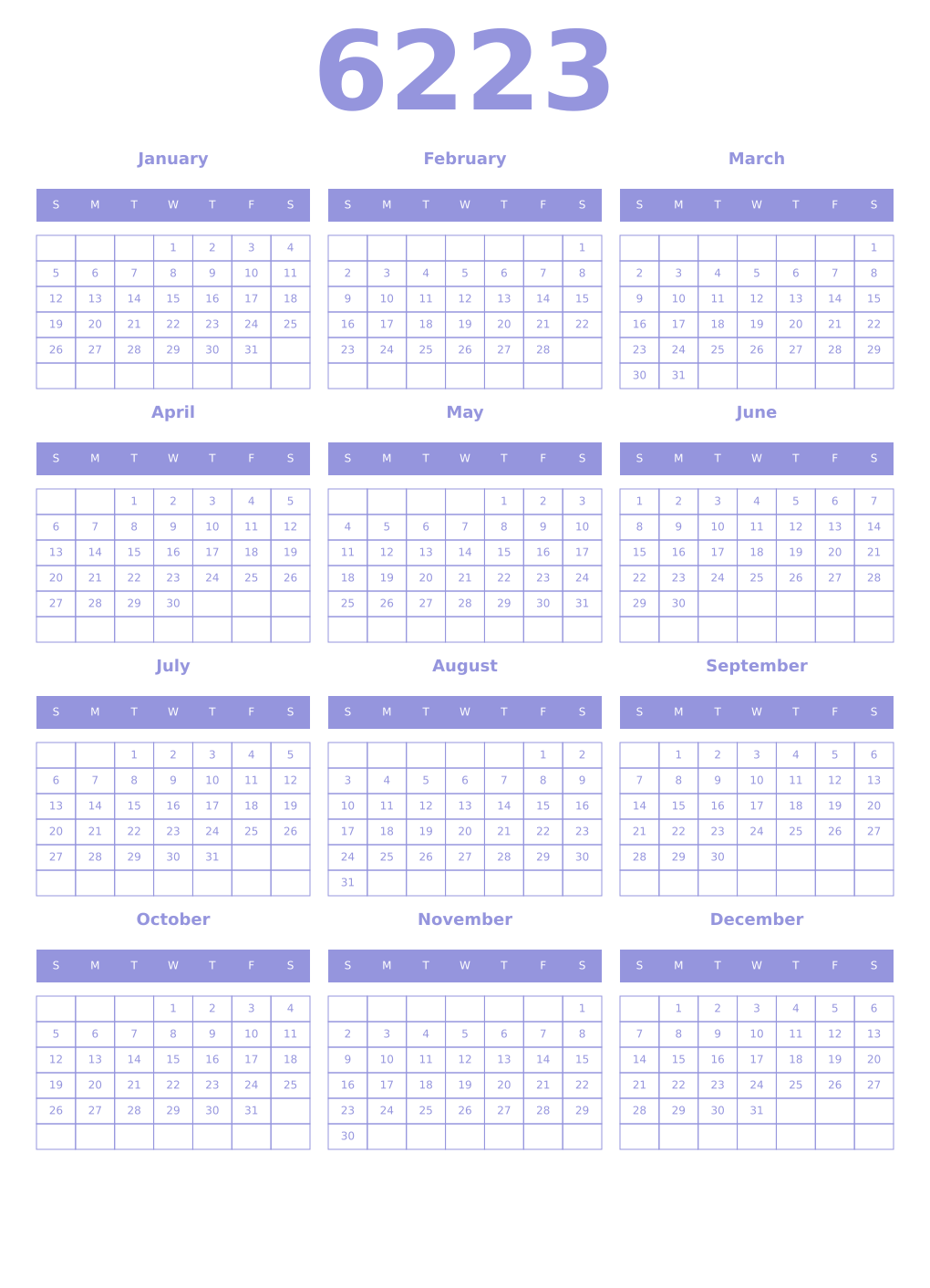 Printable 6223 Year Calendars periwinkle