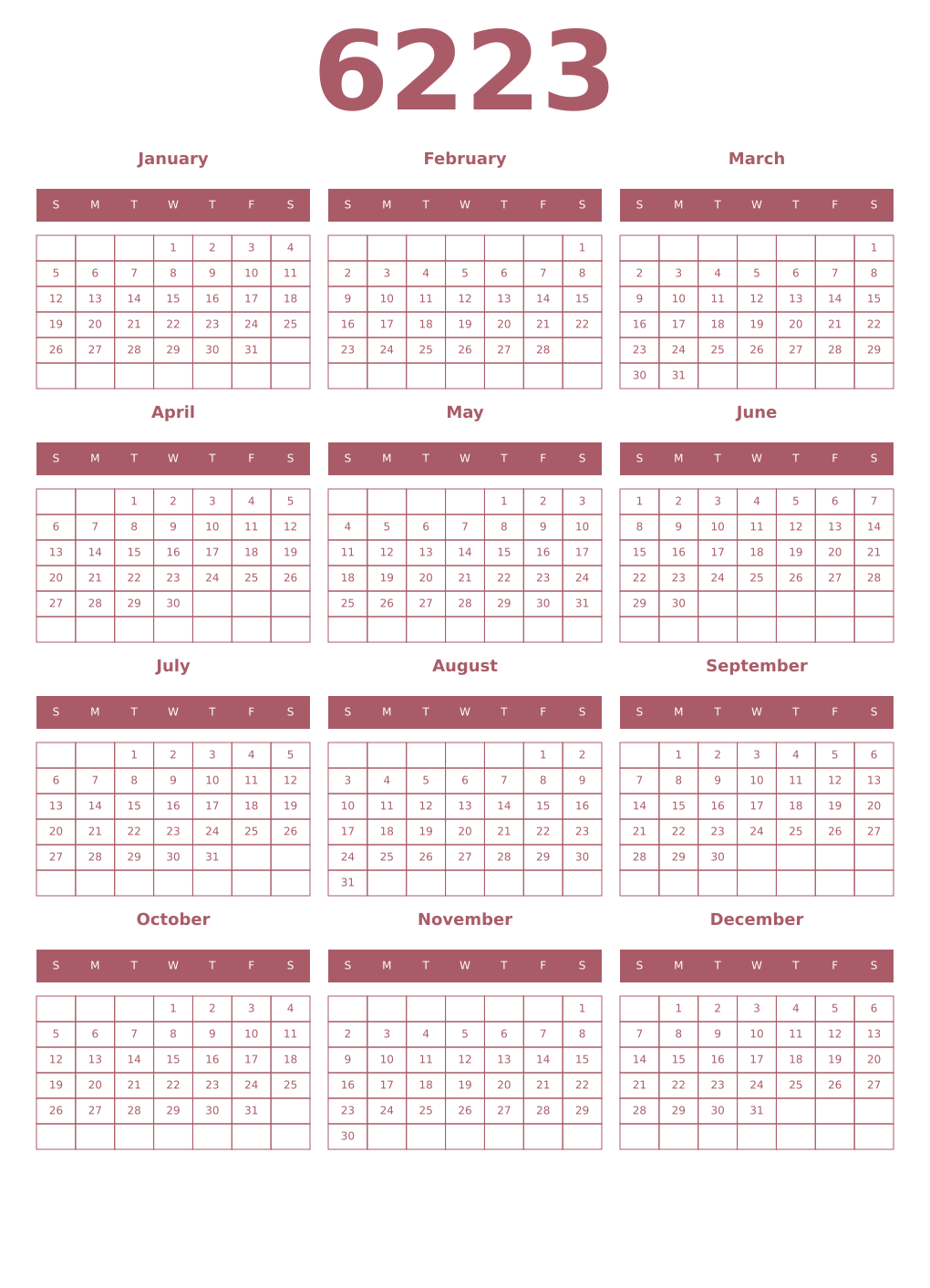 Printable 6223 Year Calendars puce