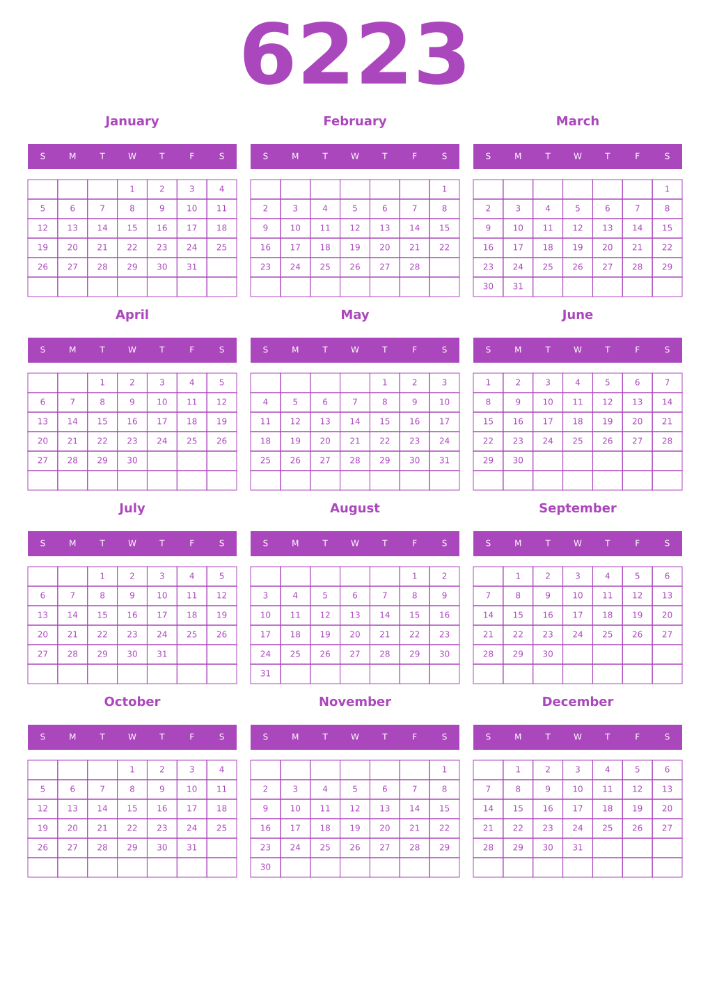 Printable 6223 Year Calendars purple