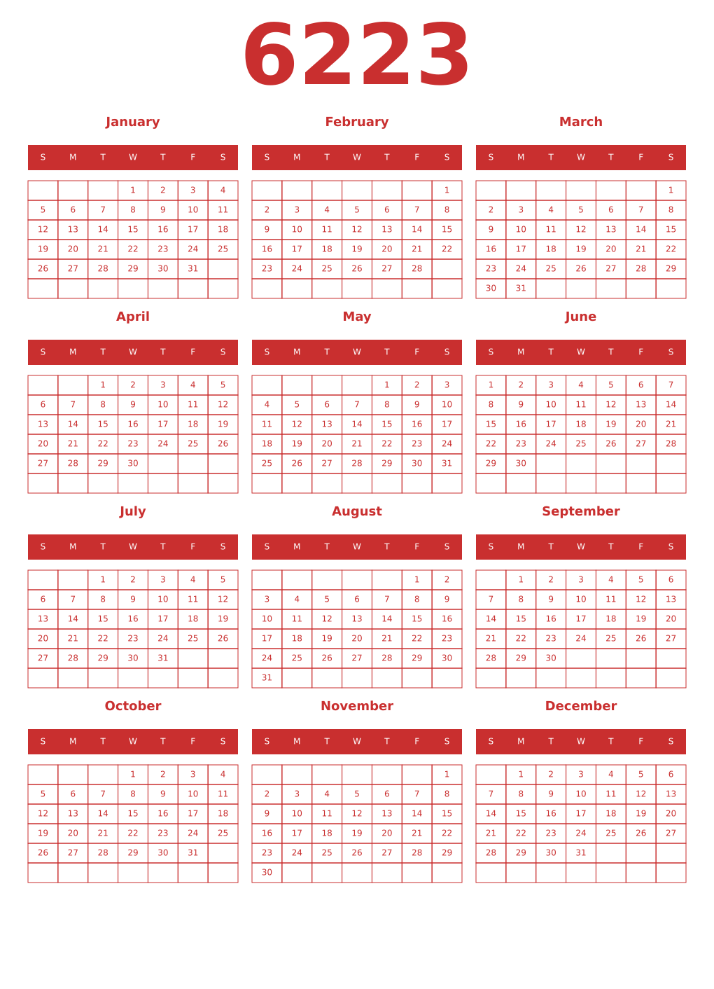 Printable 6223 Year Calendars red