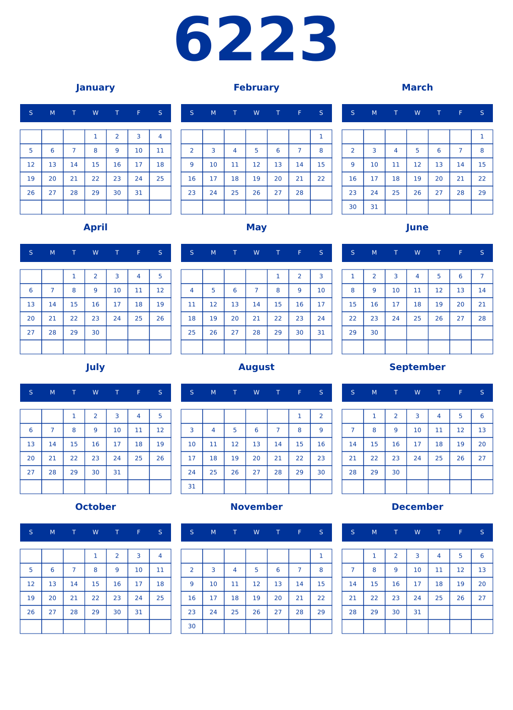 Printable 6223 Year Calendars smalt