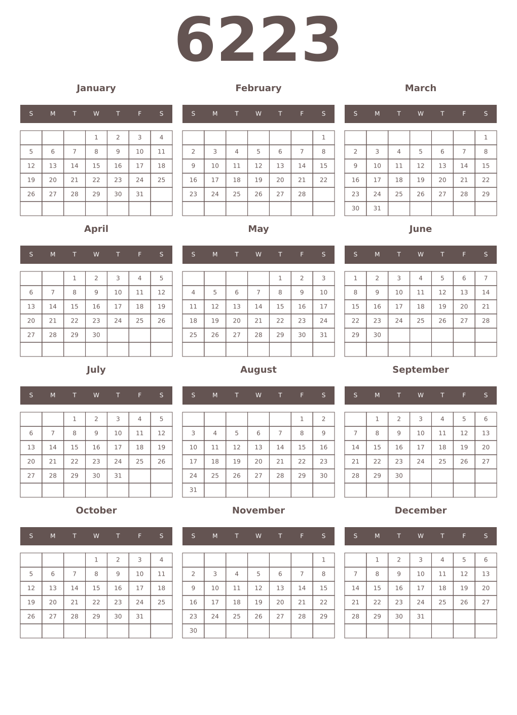 Printable 6223 Year Calendars wenge