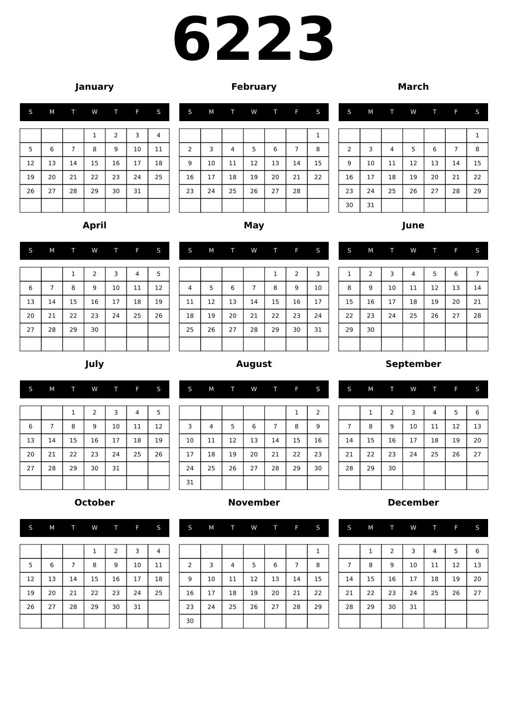 Printable 6223 Calendars