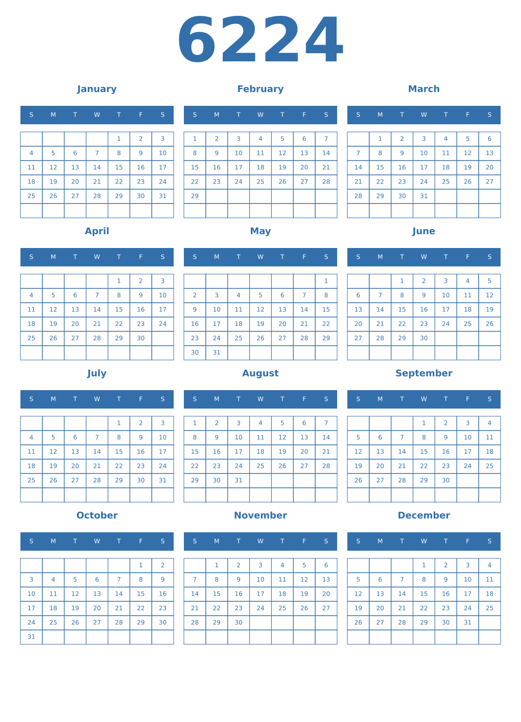 Printable 6224 Year Calendars blue
