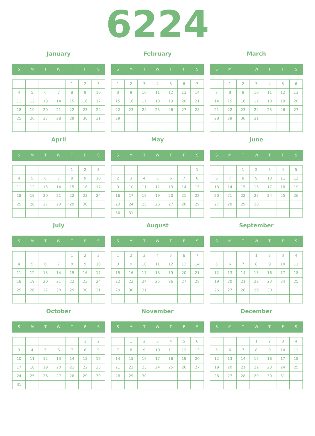Printable 6224 Year Calendars celadon