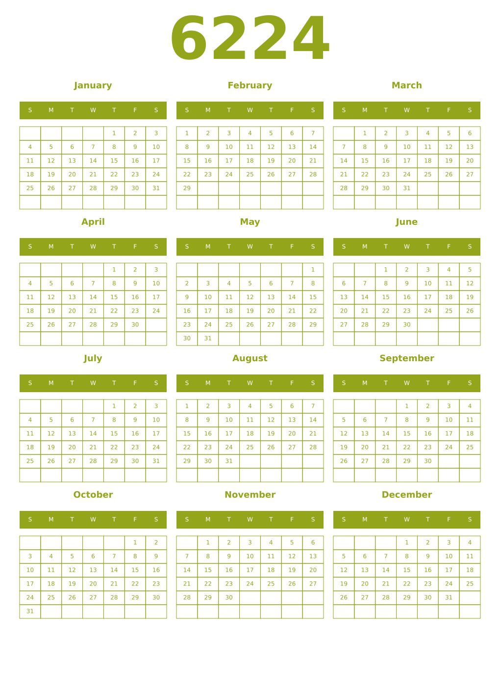 Printable 6224 Year Calendars chartreuse