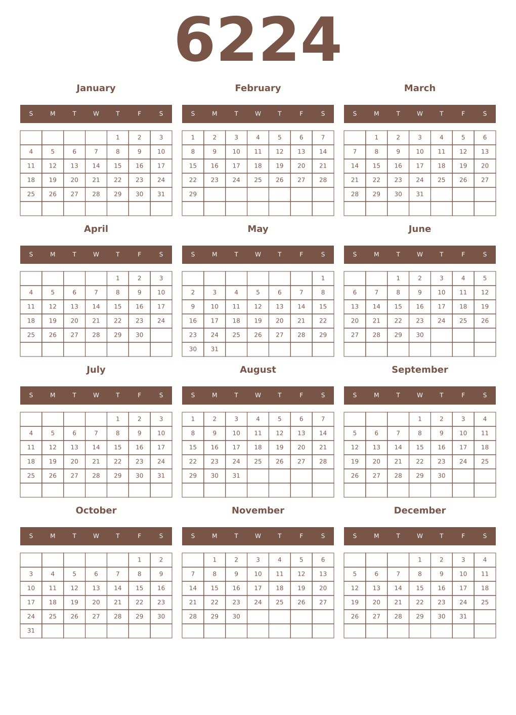 Printable 6224 Year Calendars coffe