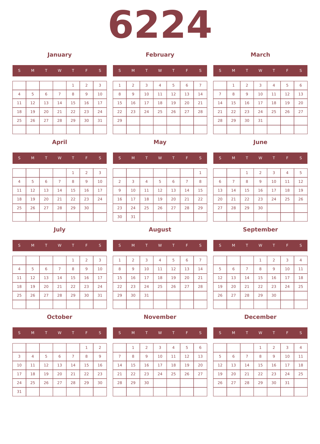 Printable 6224 Year Calendars cordovan