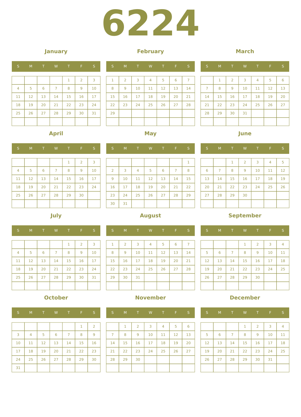 Printable 6224 Year Calendars eburnean