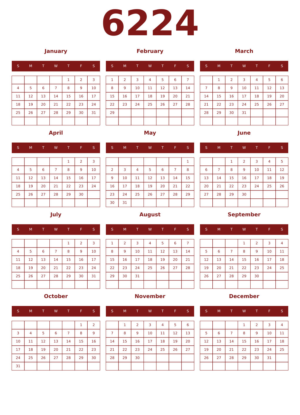 Printable 6224 Year Calendars falu