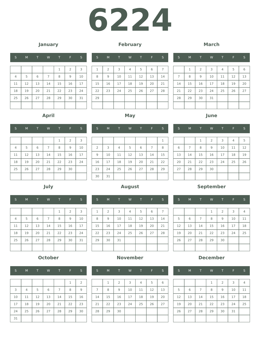 Printable 6224 Year Calendars feldgrau