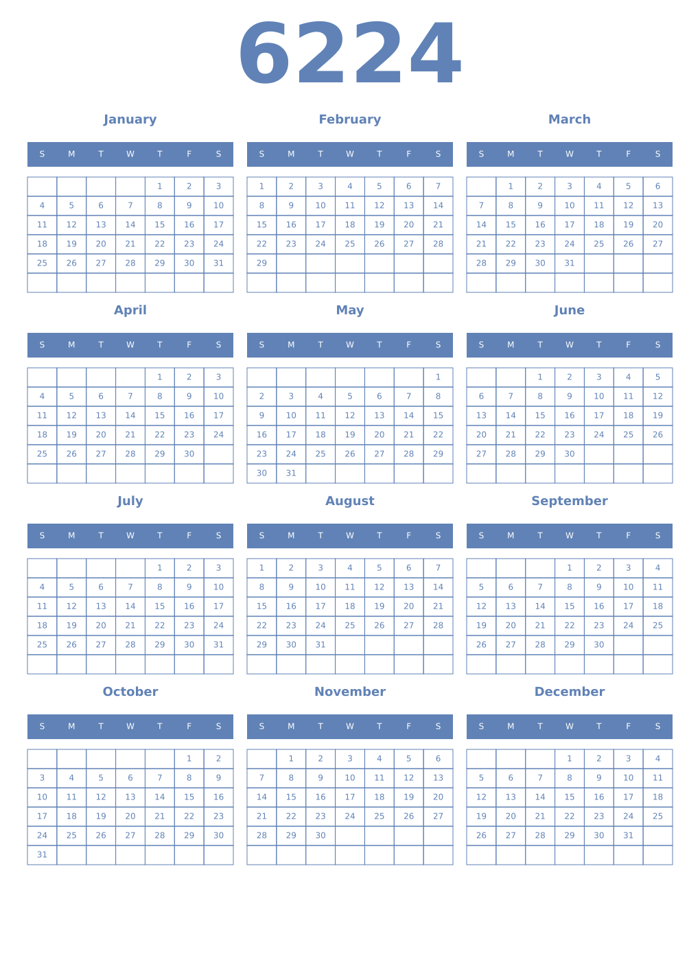 Printable 6224 Year Calendars glaucous