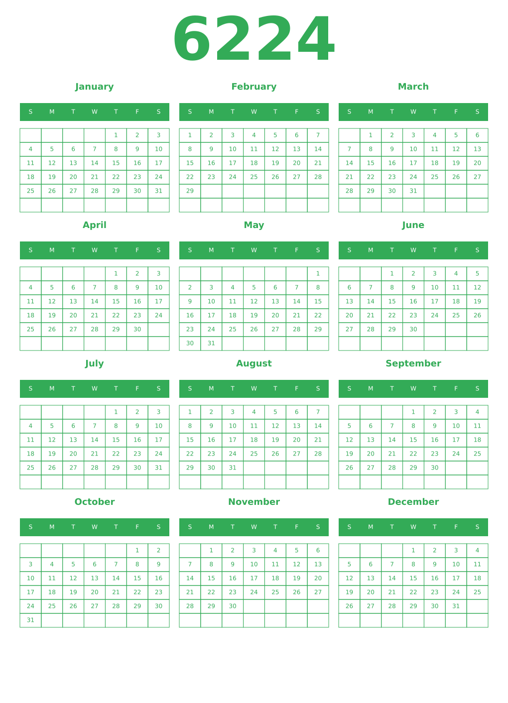 Printable 6224 Year Calendars green