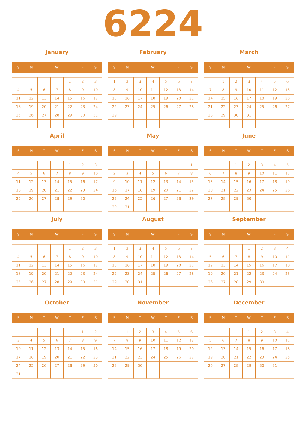 Printable 6224 Year Calendars orange
