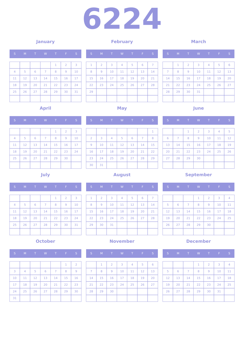 Printable 6224 Year Calendars periwinkle